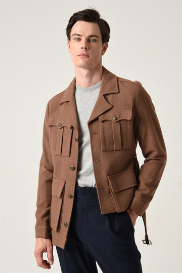 Men's Brown Camp Collar Belt Detailed Seasonal Coat - Wessi