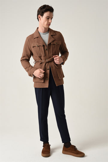 Men's Brown Camp Collar Belt Detailed Seasonal Coat - Wessi
