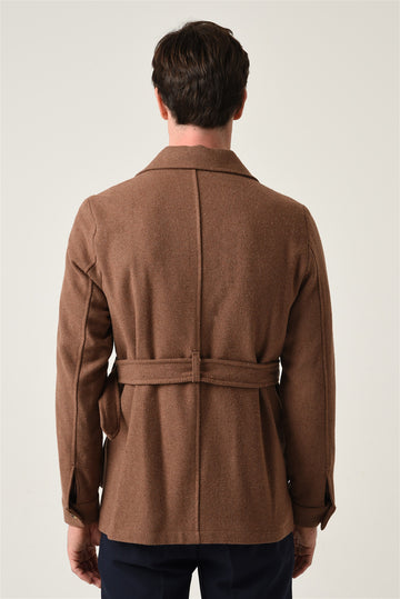 Men's Brown Camp Collar Belt Detailed Seasonal Coat - Wessi