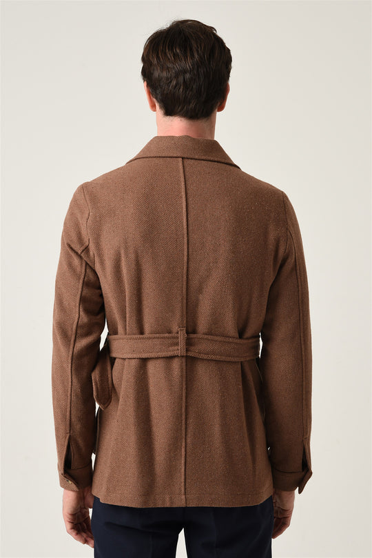 Men's Brown Camp Collar Belt Detailed Seasonal Coat - Wessi
