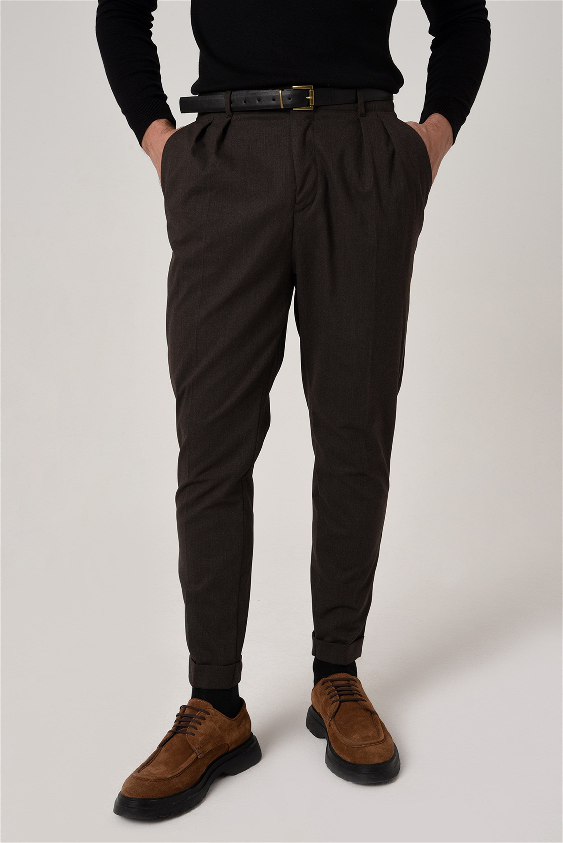 Men's Brown High Waist Belted Trousers - Wessi