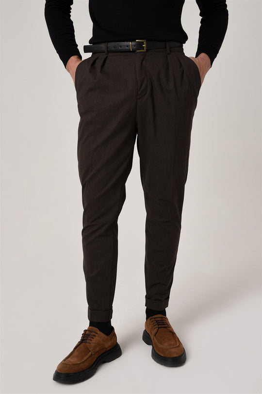 Men's Brown High Waist Belted Trousers - Wessi