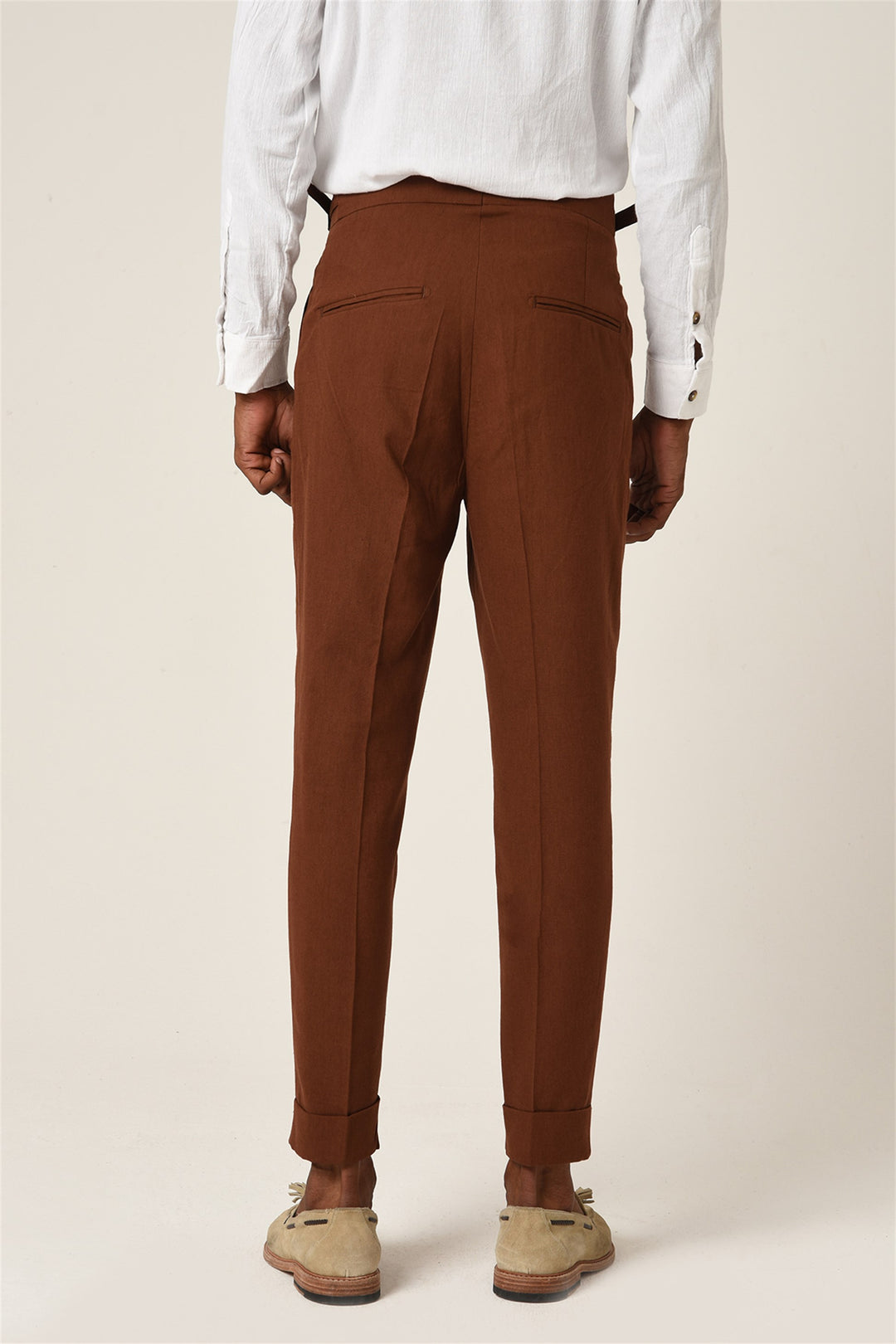 Brown Pleated Mens Pleated Linen Pants Men's Brown High Waist