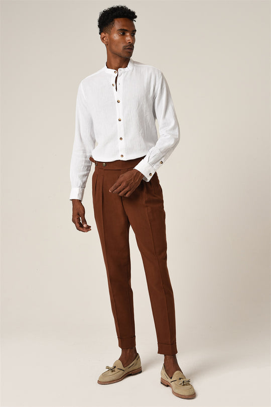 Men's Brown High Waist Buckle Belt Pleated Linen Trousers - Wessi Wessi - Discover Diversity Men's Brown High Waist Buckle Belt Pleated Linen Trousers - Wessi Wessi - Discover Diversity