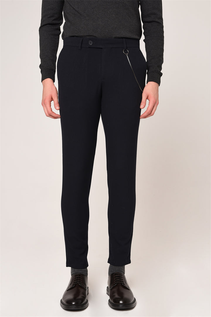 Men's Dark Navy Blue Slim Fit Straight Accessory Fabric Trousers - Wessi