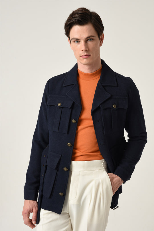 Men's Navy Blue Camp Collar Belt Detailed Seasonal Coat - Wessi