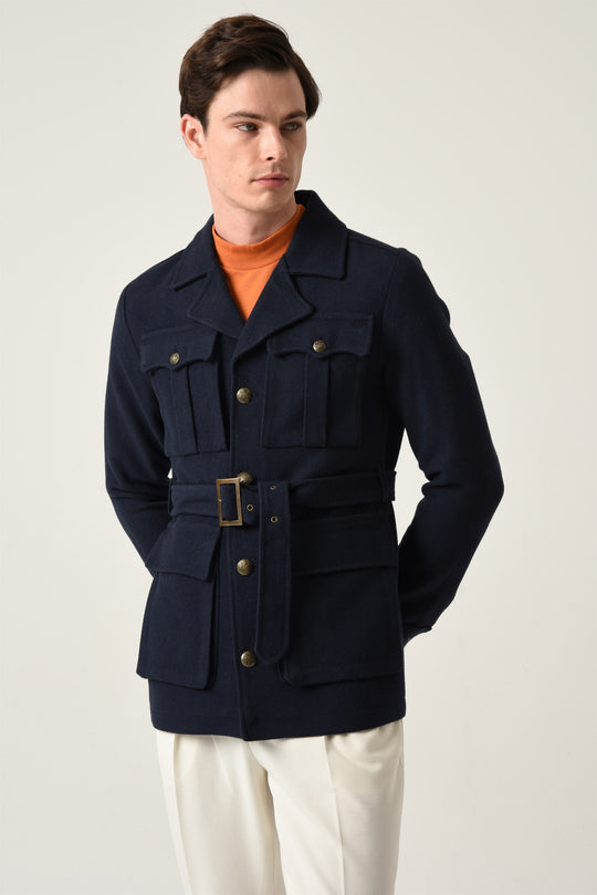 Men's Navy Blue Camp Collar Belt Detailed Seasonal Coat - Wessi