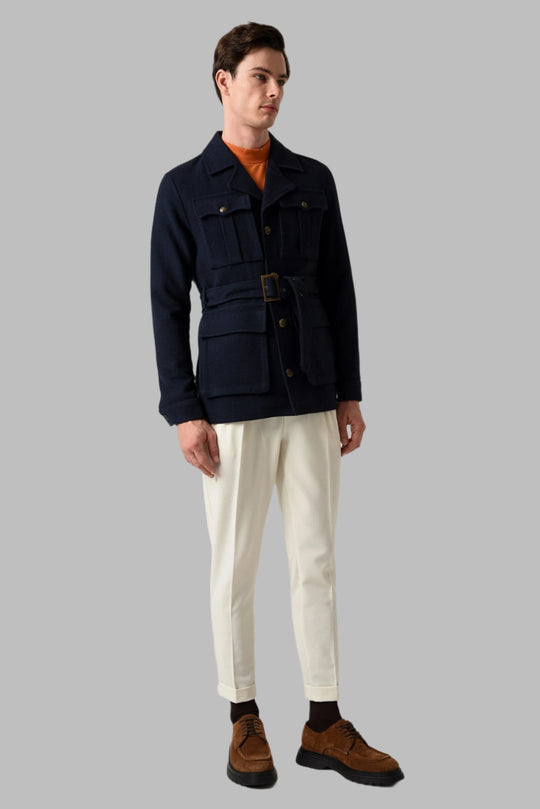 Men's Navy Blue Camp Collar Belt Detailed Seasonal Coat - Wessi