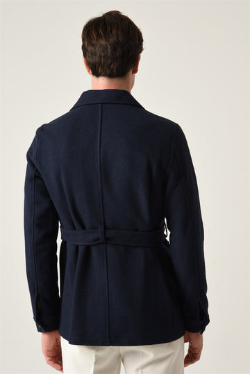 Men's Navy Blue Camp Collar Belt Detailed Seasonal Coat - Wessi