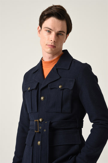 Men's Navy Blue Camp Collar Belt Detailed Seasonal Coat - Wessi