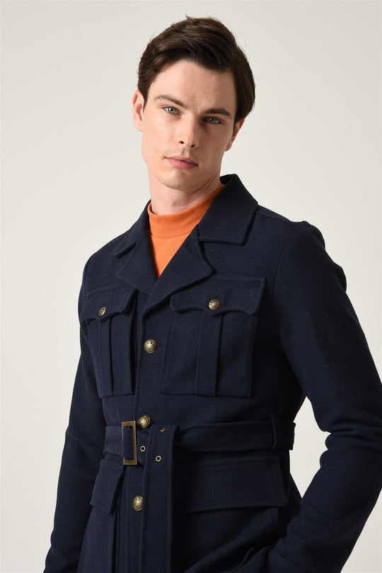 Men's Navy Blue Camp Collar Belt Detailed Seasonal Coat - Wessi