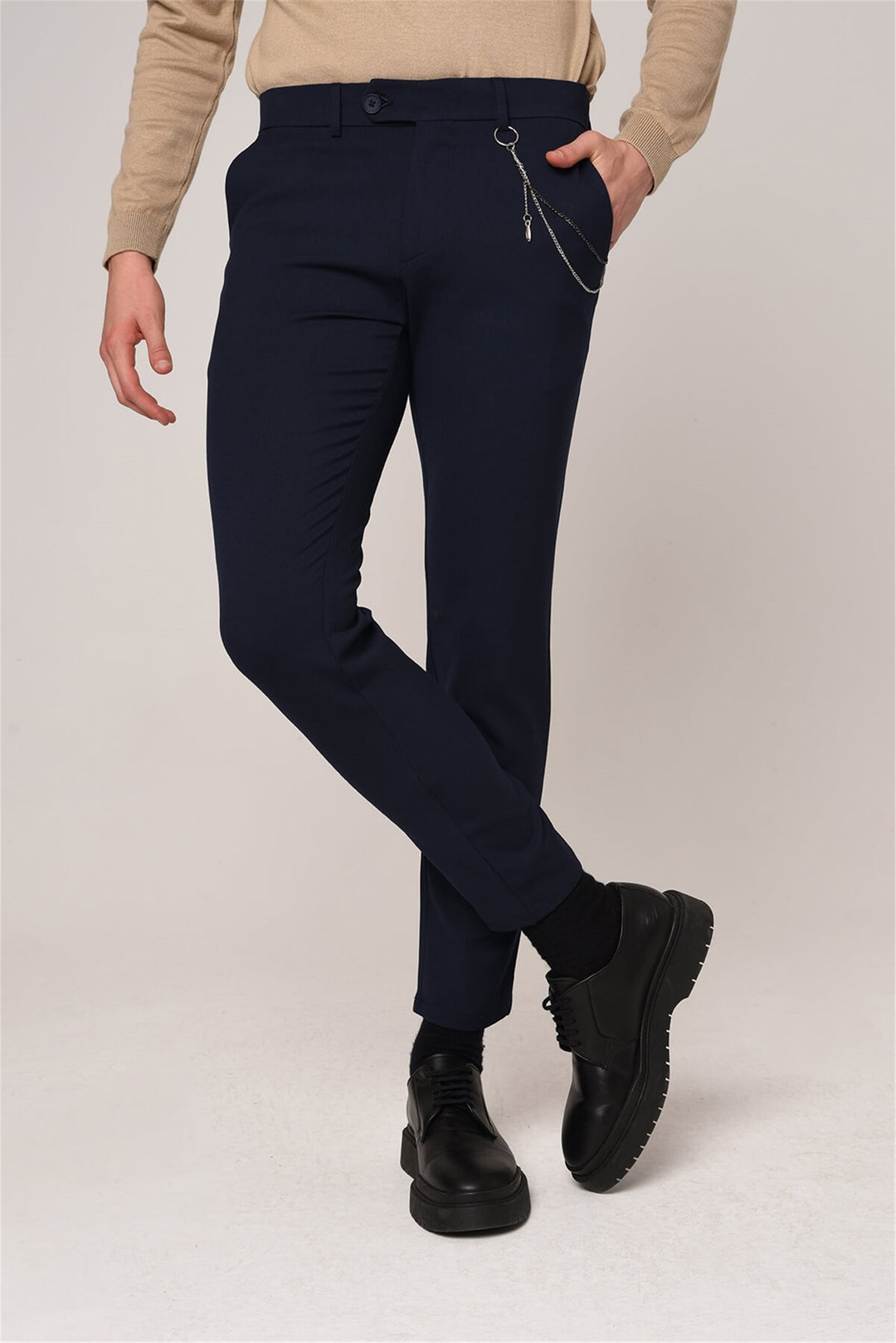 Men's Navy Blue Accessory Detail Slim Fit Trousers - Wessi
