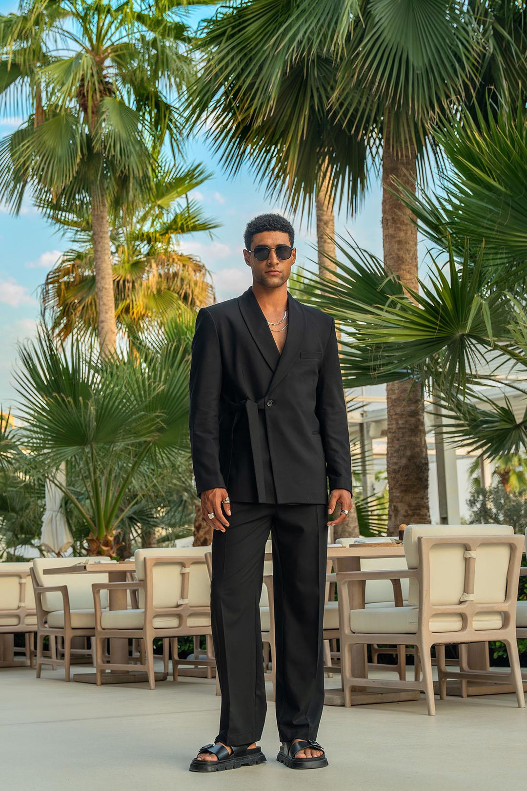 Black Double-Breasted Belted Men's Blazer Wessi