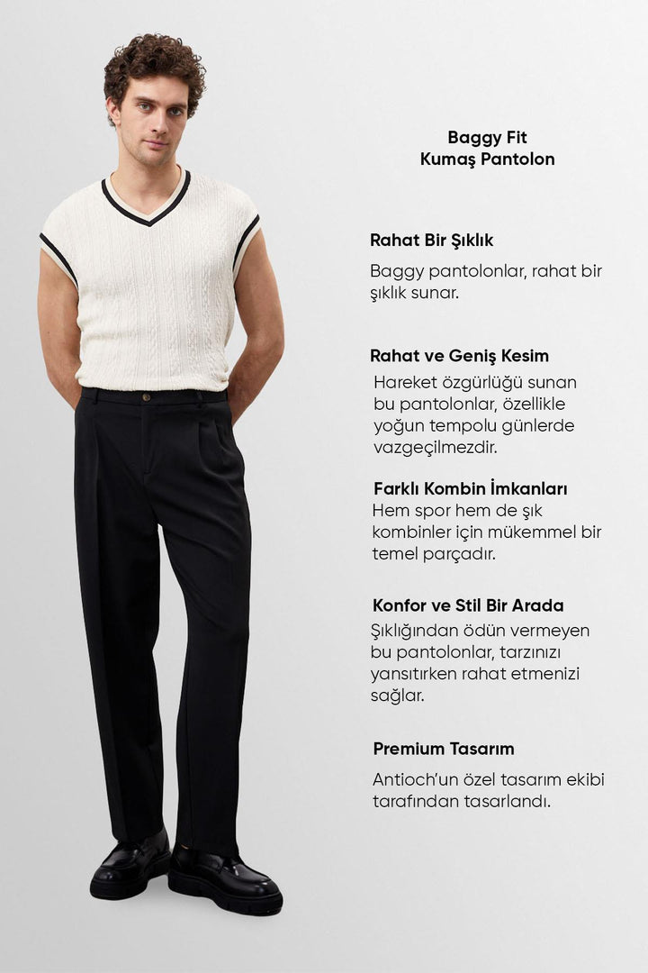 Men's Black High Waist Pleated Comfortable Fit  Trousers - Wessi