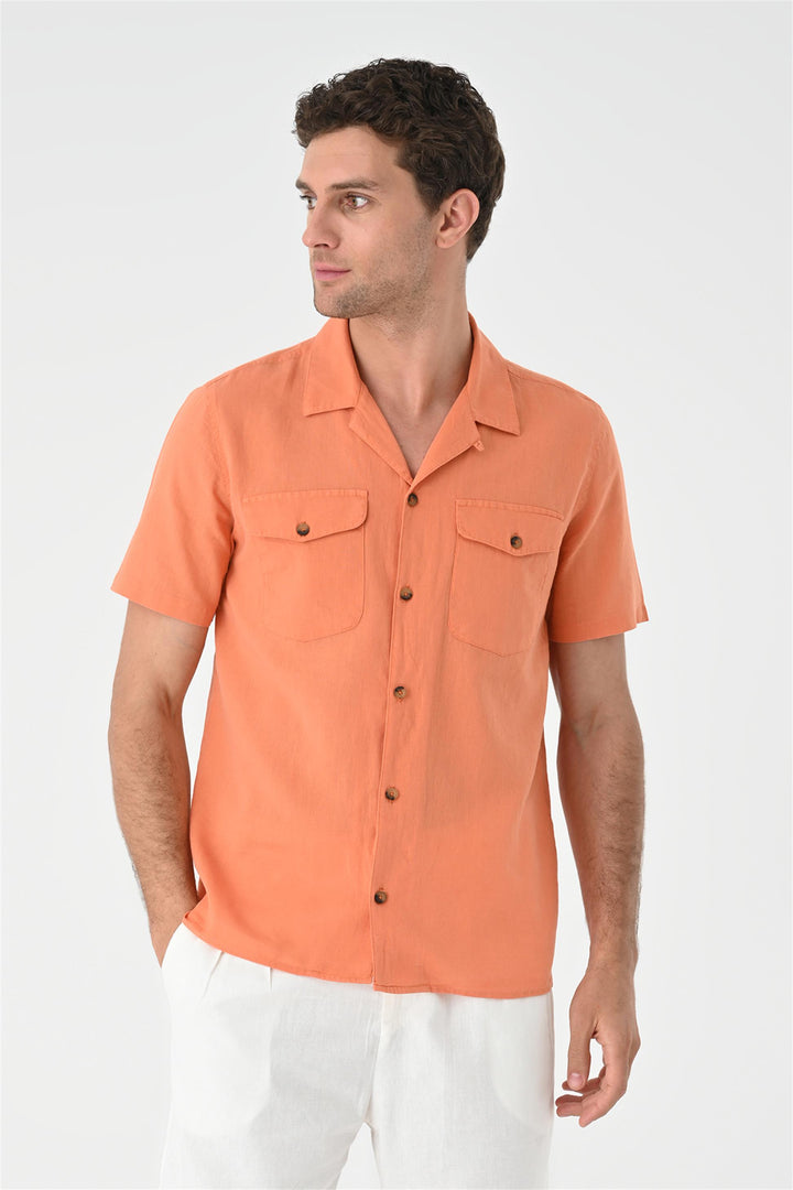 Men's Orange Camp Collar Pocket Detailed  Shirt - Wessi