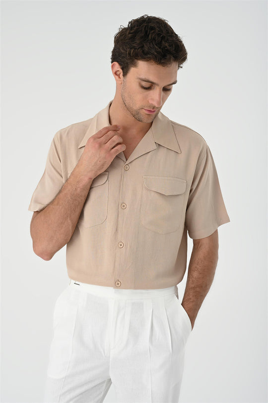 Chemise Homme Beige Col Camp Poche Détaillée - Wessi