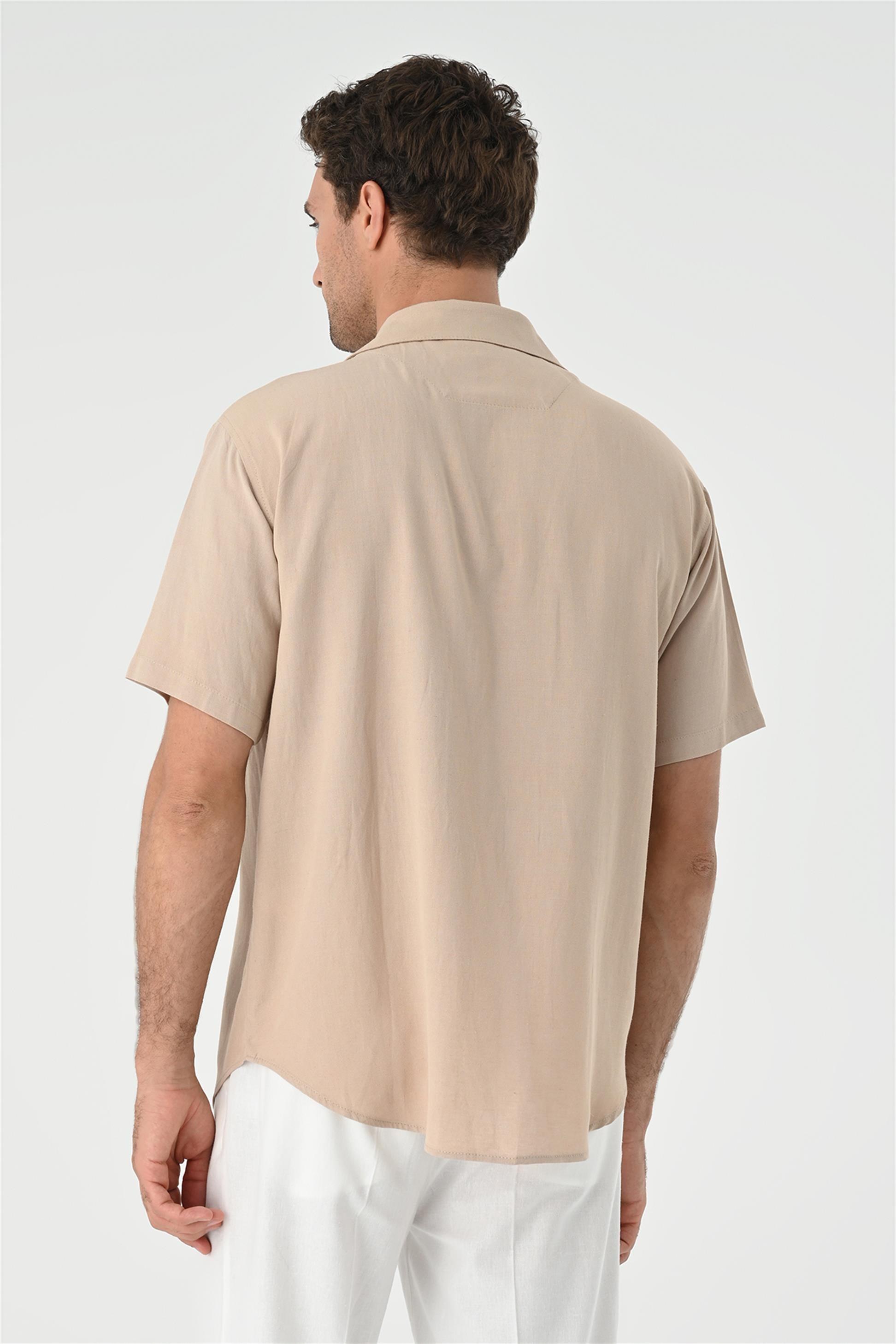 ★★ ★★ Men's Beige Camp Collar Textured Short apas-yaka-orme-dokulu-erkek-