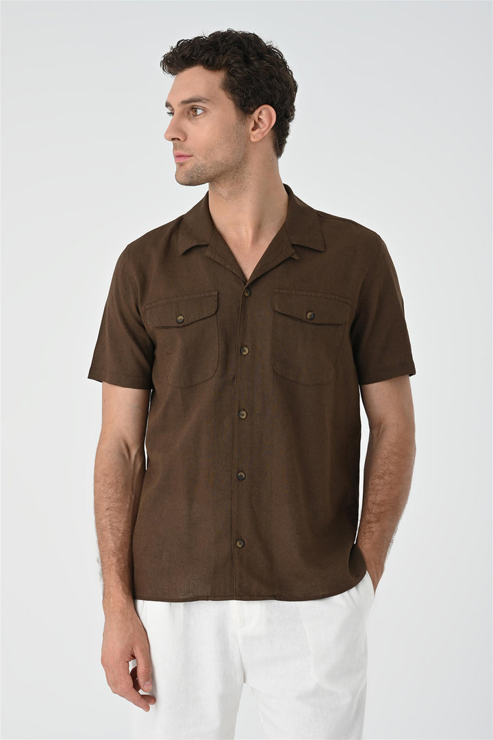 Men's Brown Camp Collar Pocket Detailed  Shirt - Wessi
