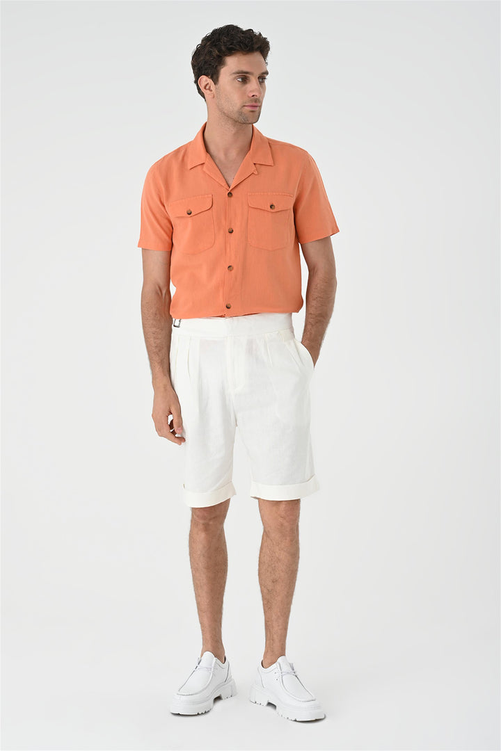 Men's Orange Camp Collar Pocket Detailed  Shirt - Wessi