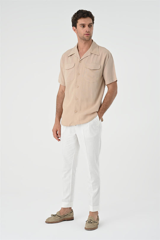Chemise Homme Beige Col Camp Poche Détaillée - Wessi