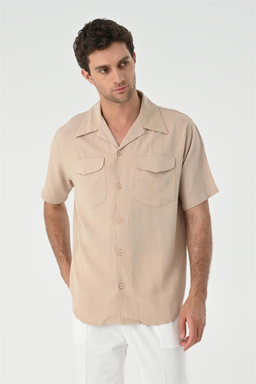 Chemise Homme Beige Col Camp Poche Détaillée - Wessi
