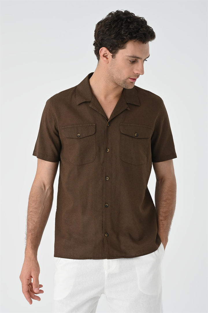 Men's Brown Camp Collar Pocket Detailed  Shirt - Wessi