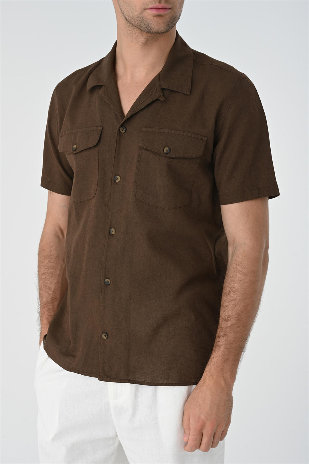 Men's Brown Camp Collar Pocket Detailed  Shirt - Wessi