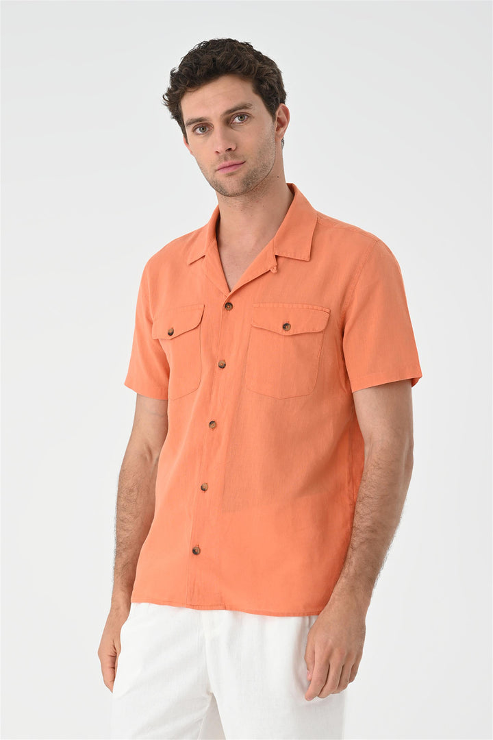 Men's Orange Camp Collar Pocket Detailed  Shirt - Wessi