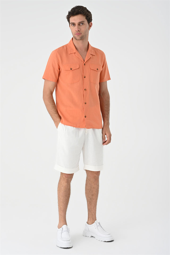 Men's Orange Camp Collar Pocket Detailed  Shirt - Wessi