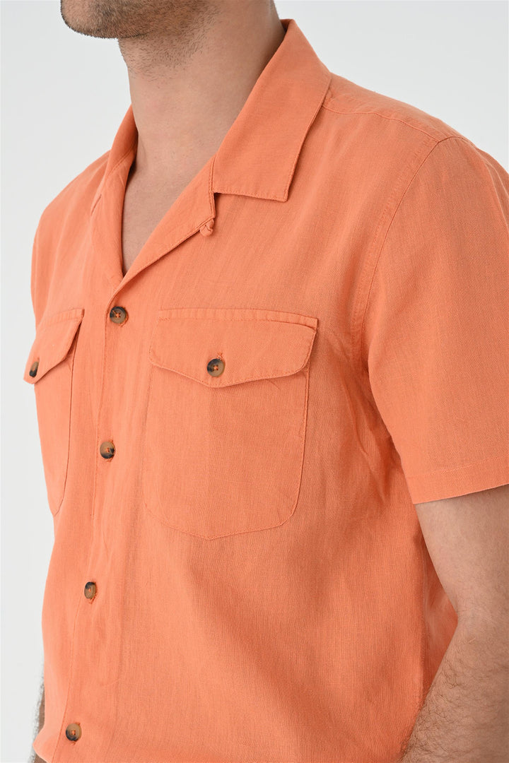 Men's Orange Camp Collar Pocket Detailed  Shirt - Wessi
