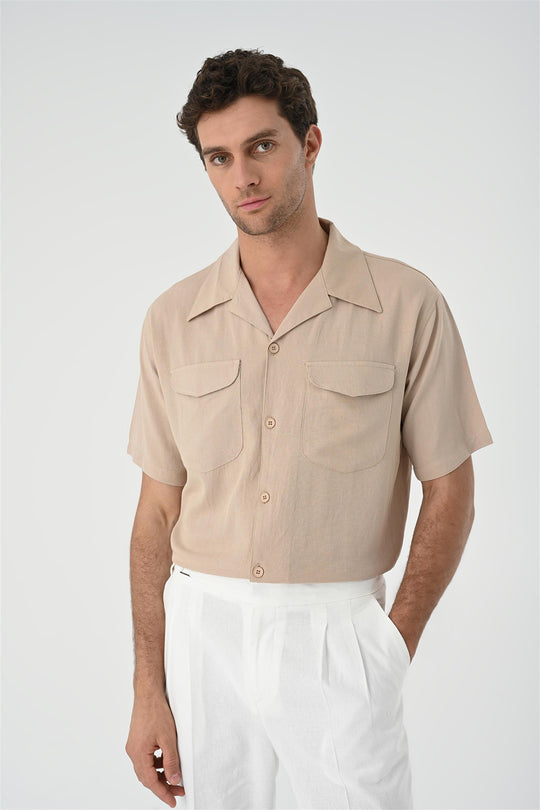 Chemise Homme Beige Col Camp Poche Détaillée - Wessi