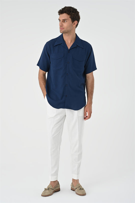 قميص رجالي باللون الأزرق الداكن بياقة كامب وجيب مفصل - Wessi