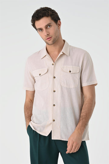 Men's Beige Camp Collar Pocket Detailed  Shirt - Wessi