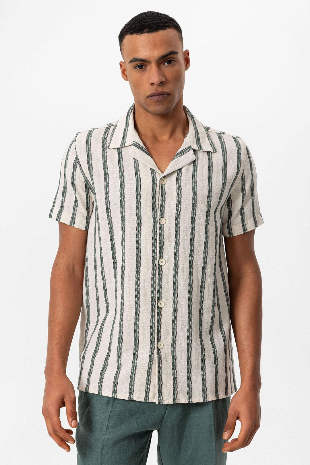 Men's Green Striped Camp Collar Shirt - Wessi