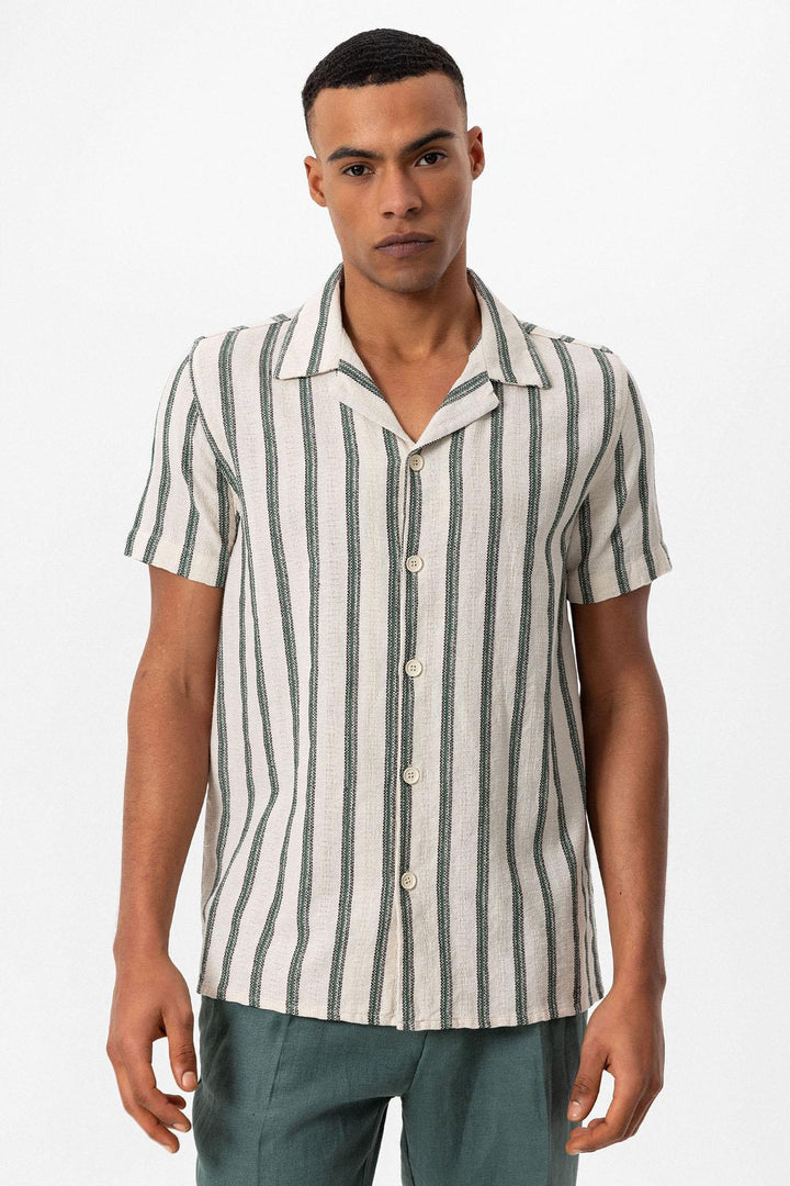 Men's Green Striped Camp Collar Shirt - Wessi