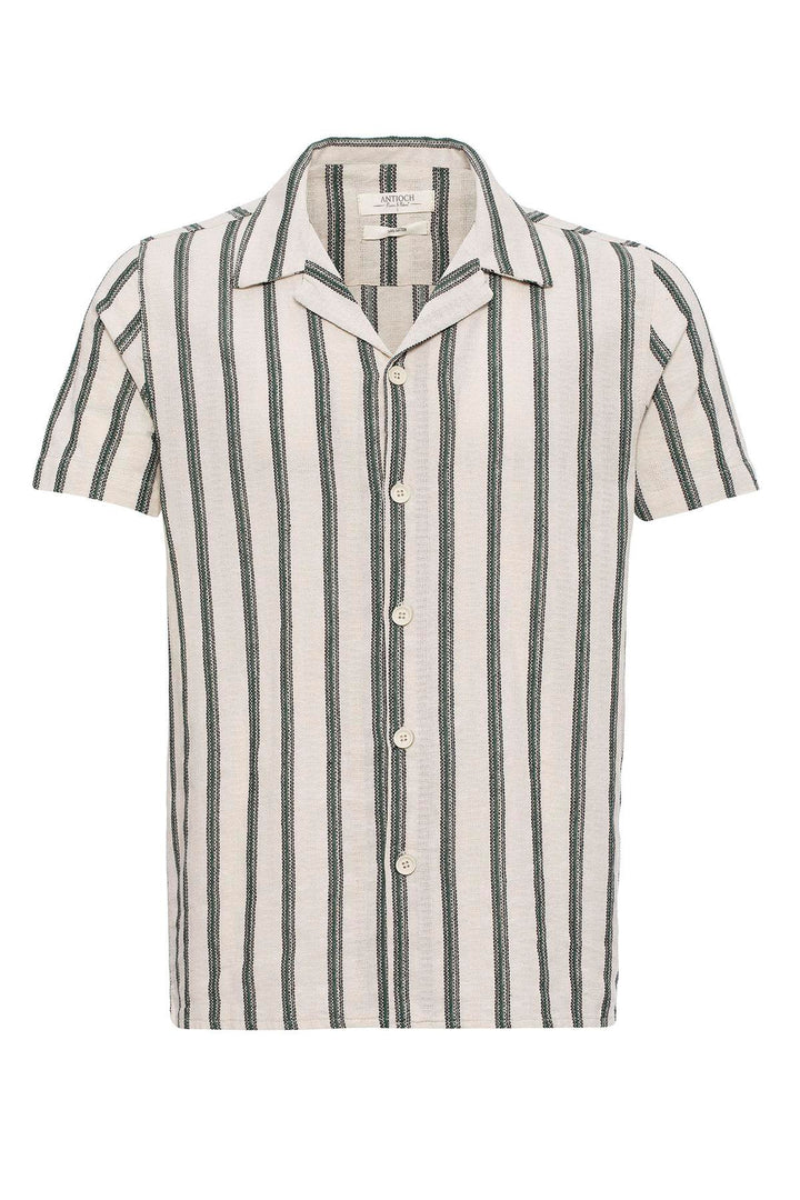 Men's Green Striped Camp Collar Shirt - Wessi
