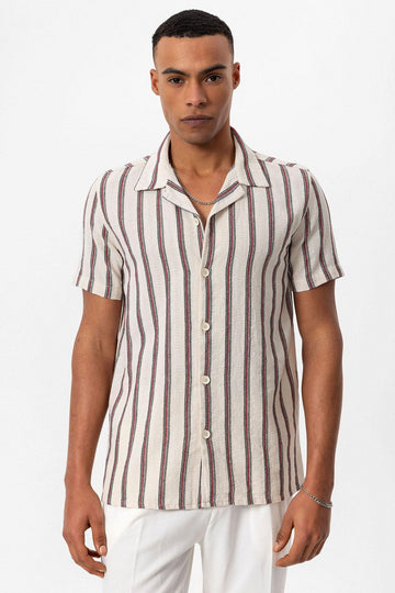 Men's Burgundy Striped Camp Collar Shirt - Wessi Wessi - Discover Diversity Men's Burgundy Striped Camp Collar Shirt - Wessi Wessi - Discover Diversity