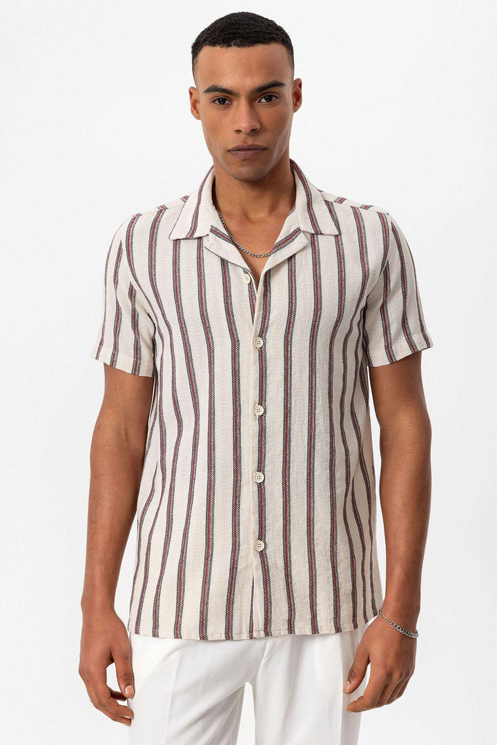 Men's Burgundy Striped Camp Collar Shirt - Wessi