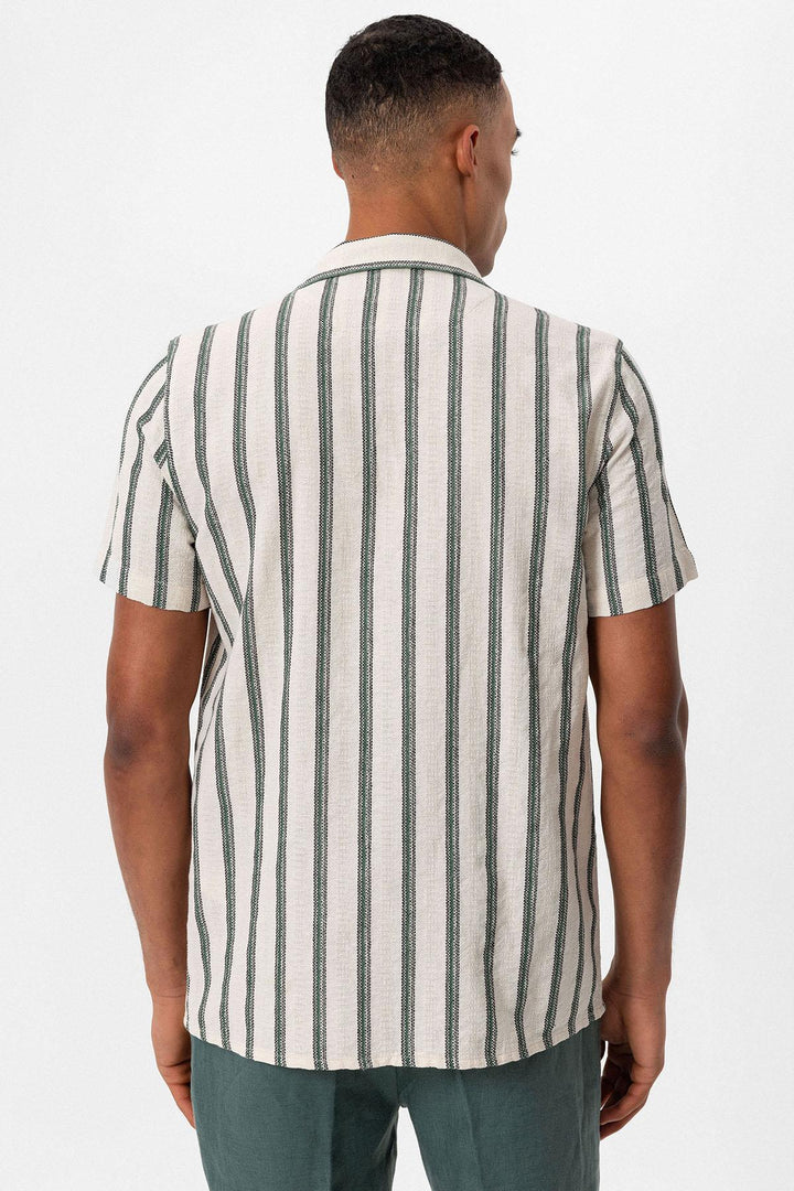 Men's Green Striped Camp Collar Shirt - Wessi