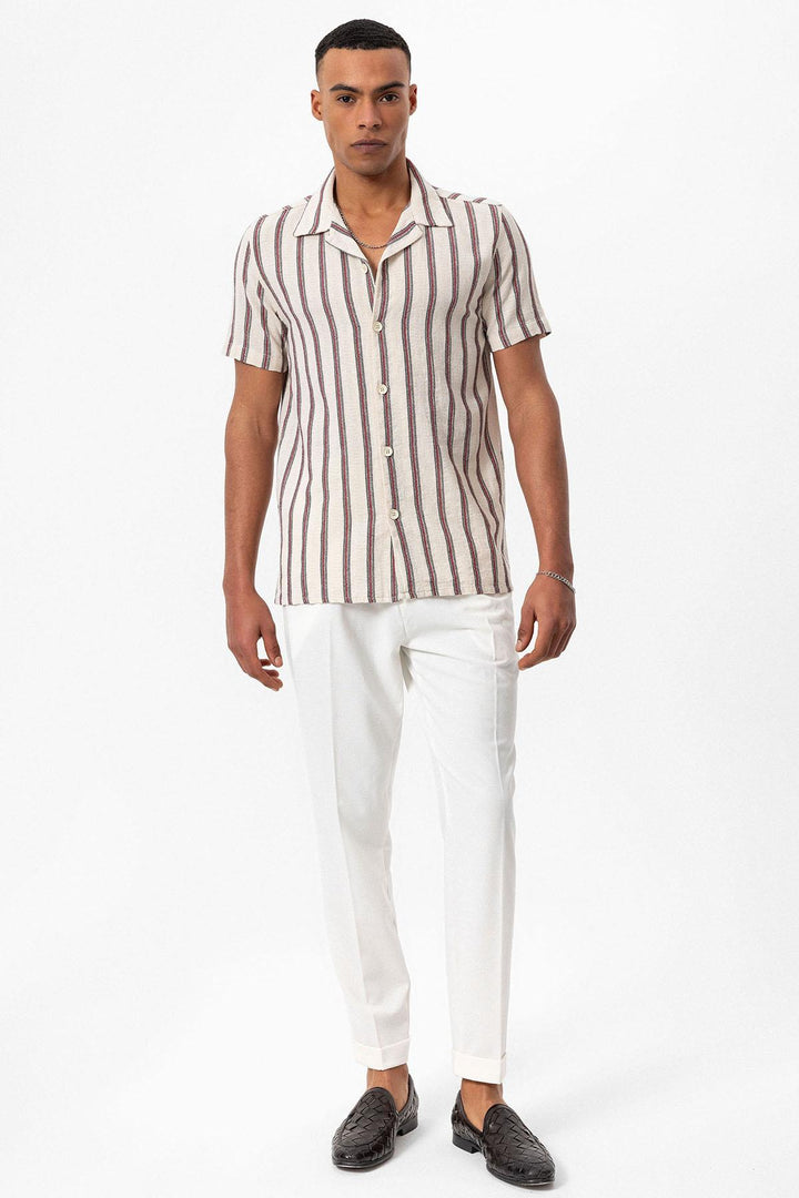 Men's Burgundy Striped Camp Collar Shirt - Wessi
