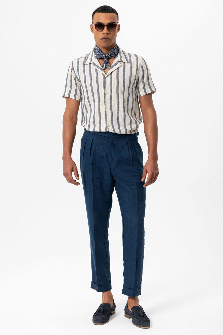 Men's Indigo Striped Camp Collar Shirt - Wessi
