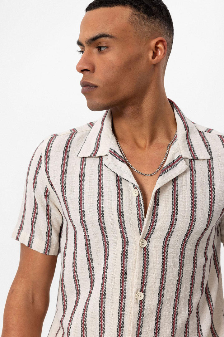 Men's Burgundy Striped Camp Collar Shirt - Wessi