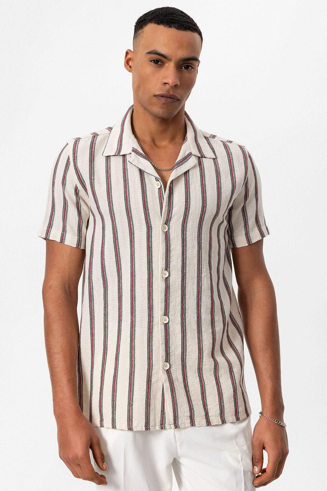 Men's Burgundy Striped Camp Collar Shirt - Wessi