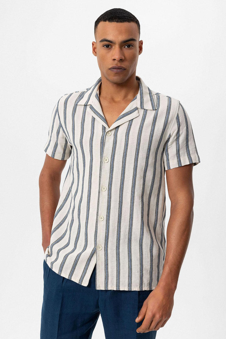 Men's Indigo Striped Camp Collar Shirt - Wessi