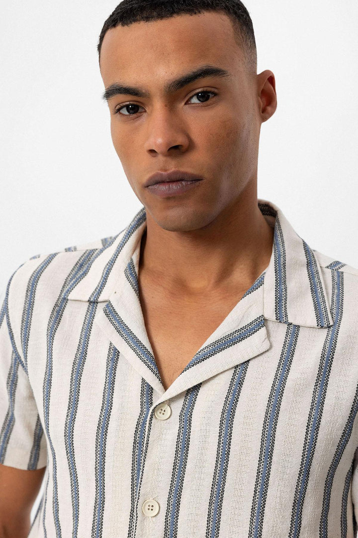 Men's Indigo Striped Camp Collar Shirt - Wessi