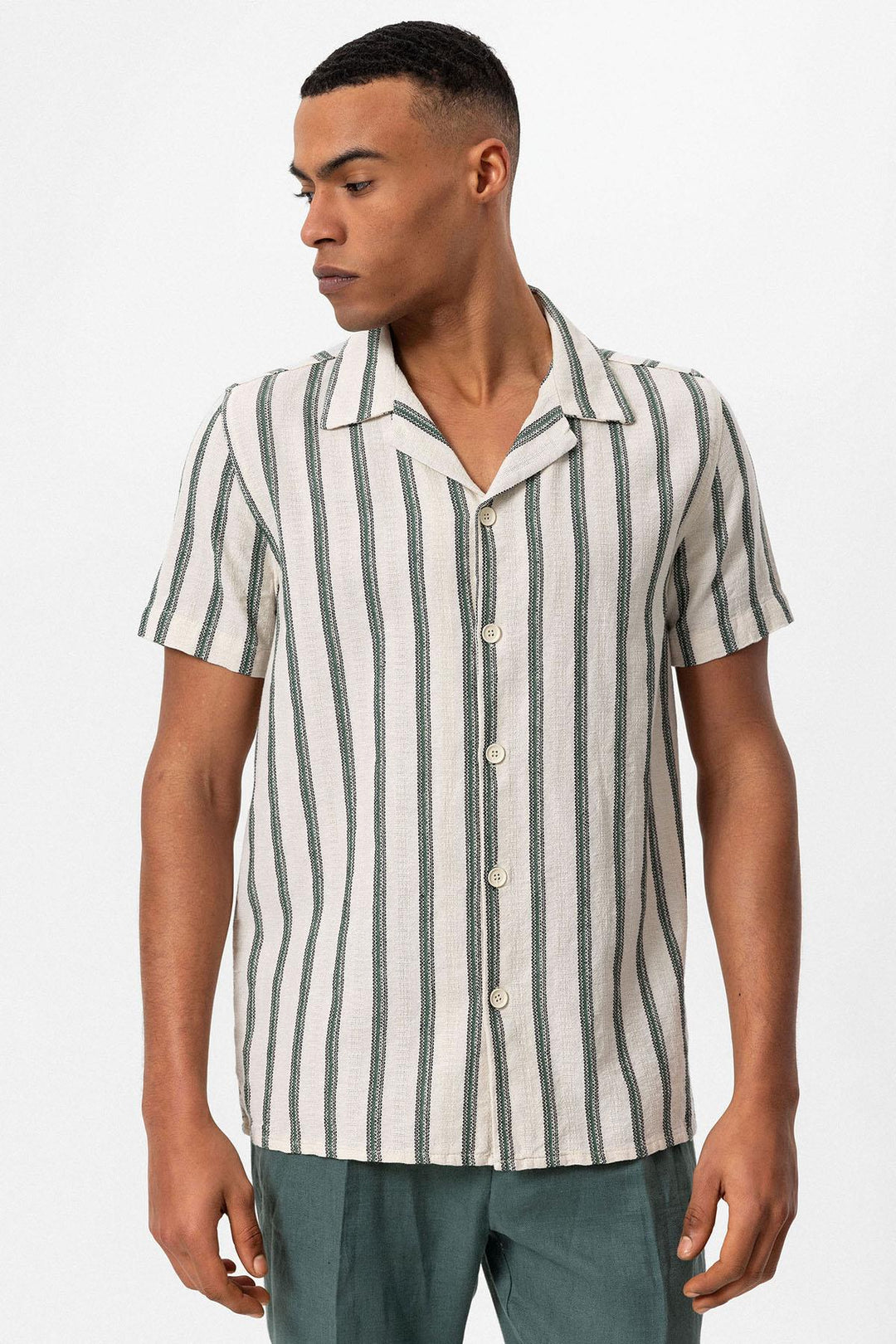 Men's Green Striped Camp Collar Shirt - Wessi