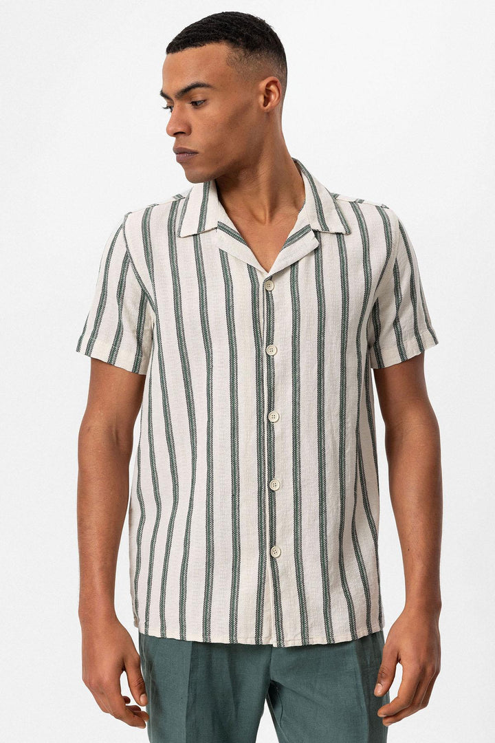 Men's Green Striped Camp Collar Shirt - Wessi