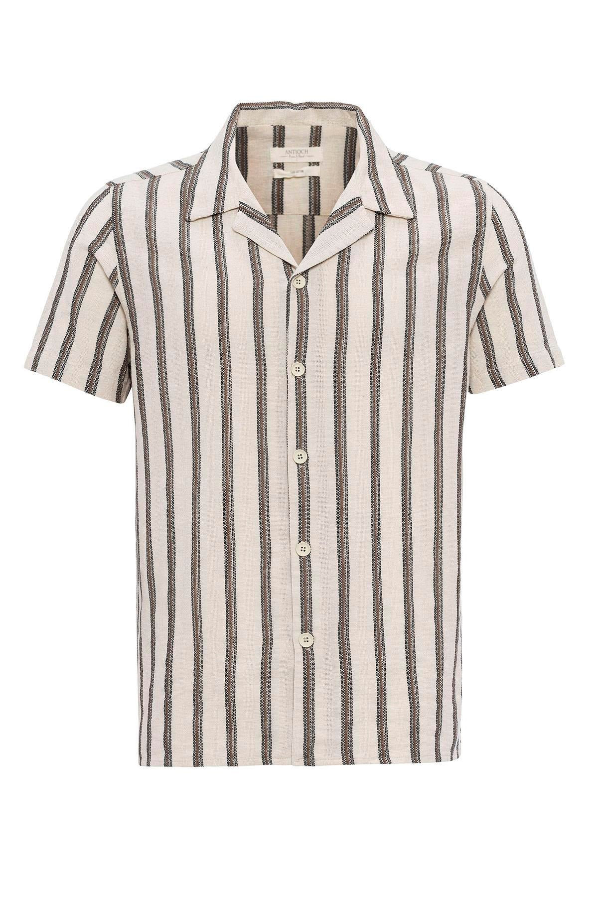 Men's Brown Striped Camp Collar Shirt - Wessi