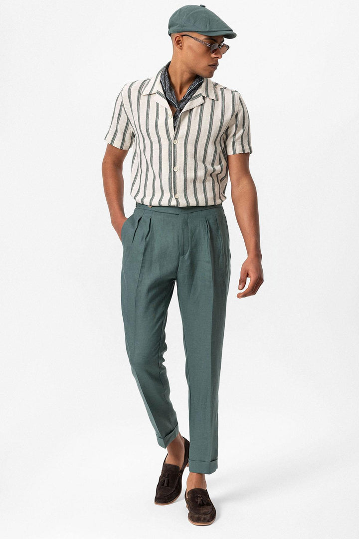 Men's Green Striped Camp Collar Shirt - Wessi