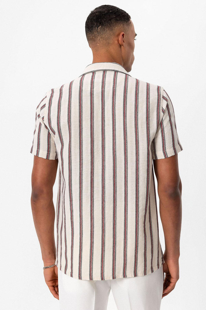 Men's Burgundy Striped Camp Collar Shirt - Wessi